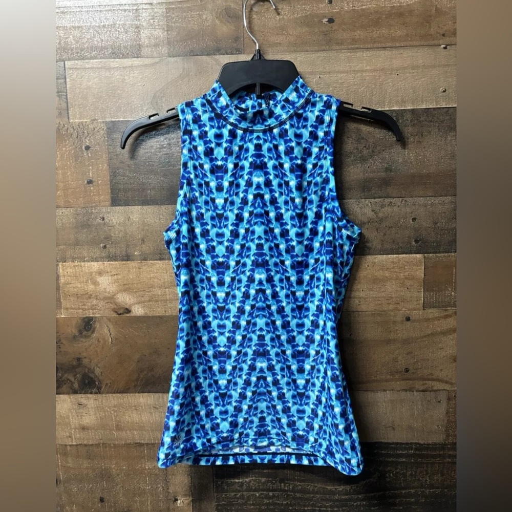 Athleta Swim Rashguard Tankini Blue Back Zip Mock Neck Tank Top Size XXS Surf